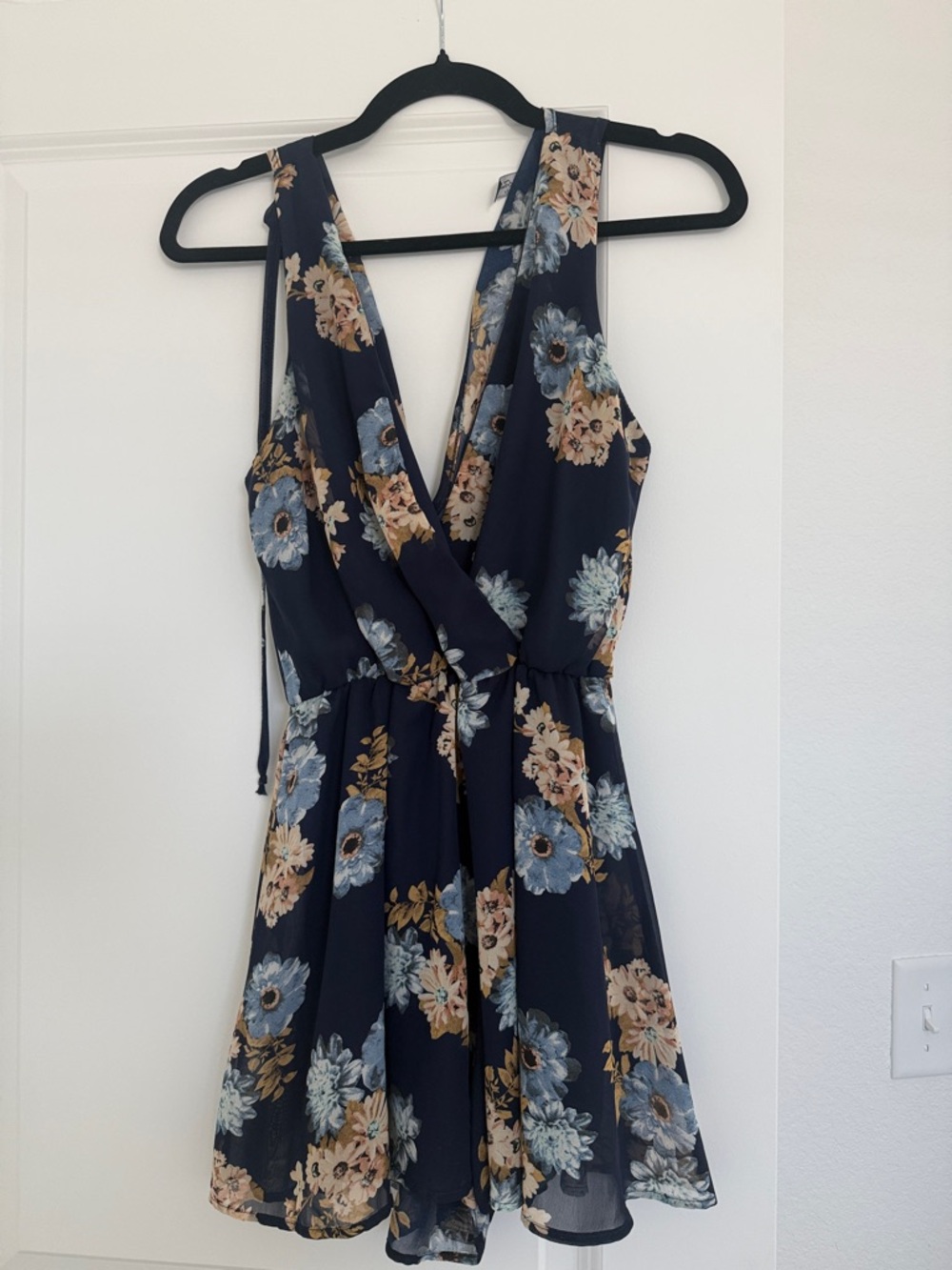 Final Touch Navy Floral Romper with Blue and Tan Flowers